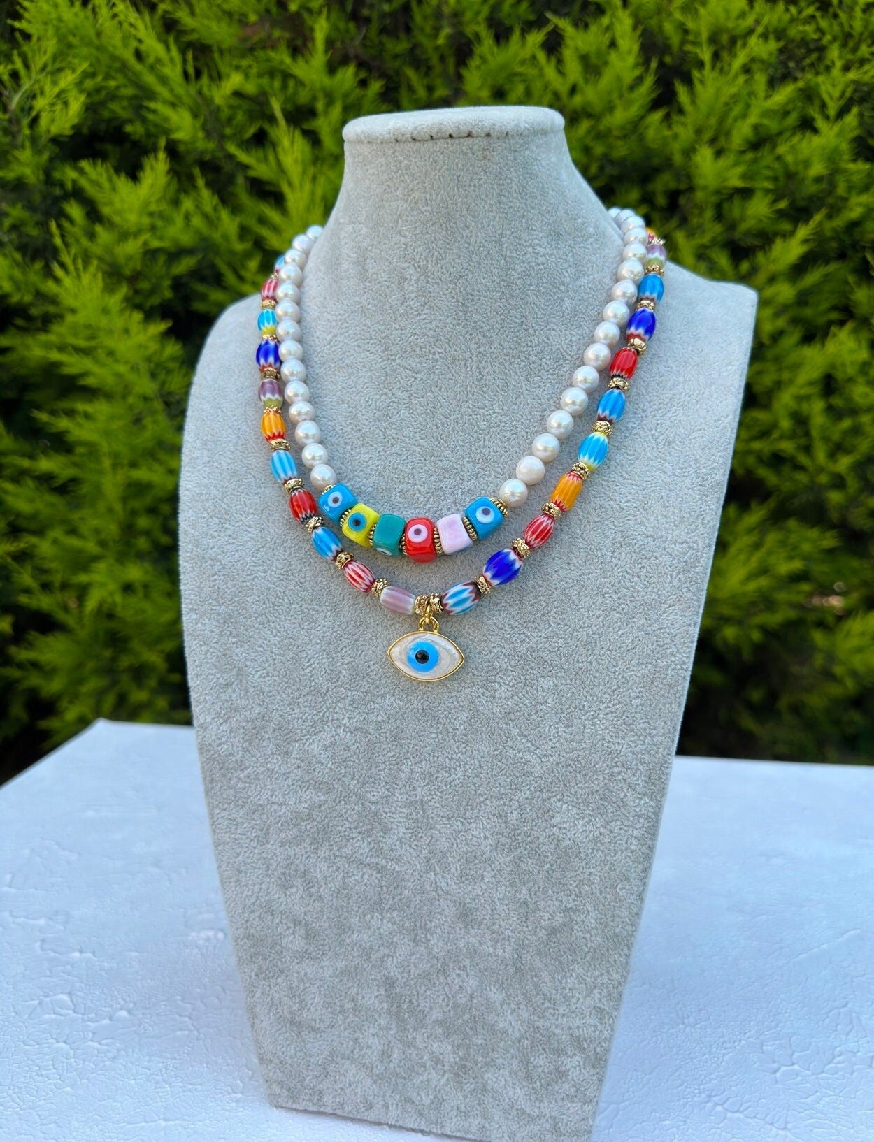 Pearl Necklace, Evil Eye Summer Jewelry, Birthday Gift for Friend, Colorful Handmade Necklace, Statement Jewelry