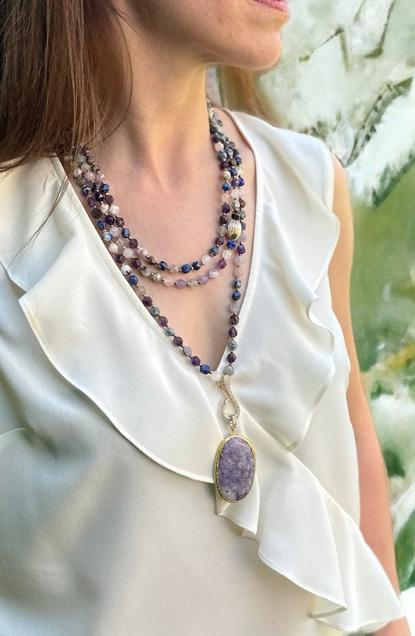 Mix Gemstone Necklace, Deep Blue and Purple Jewelry, Multistrand Statement Necklace, Handmade Jewelry for Birthday Gift