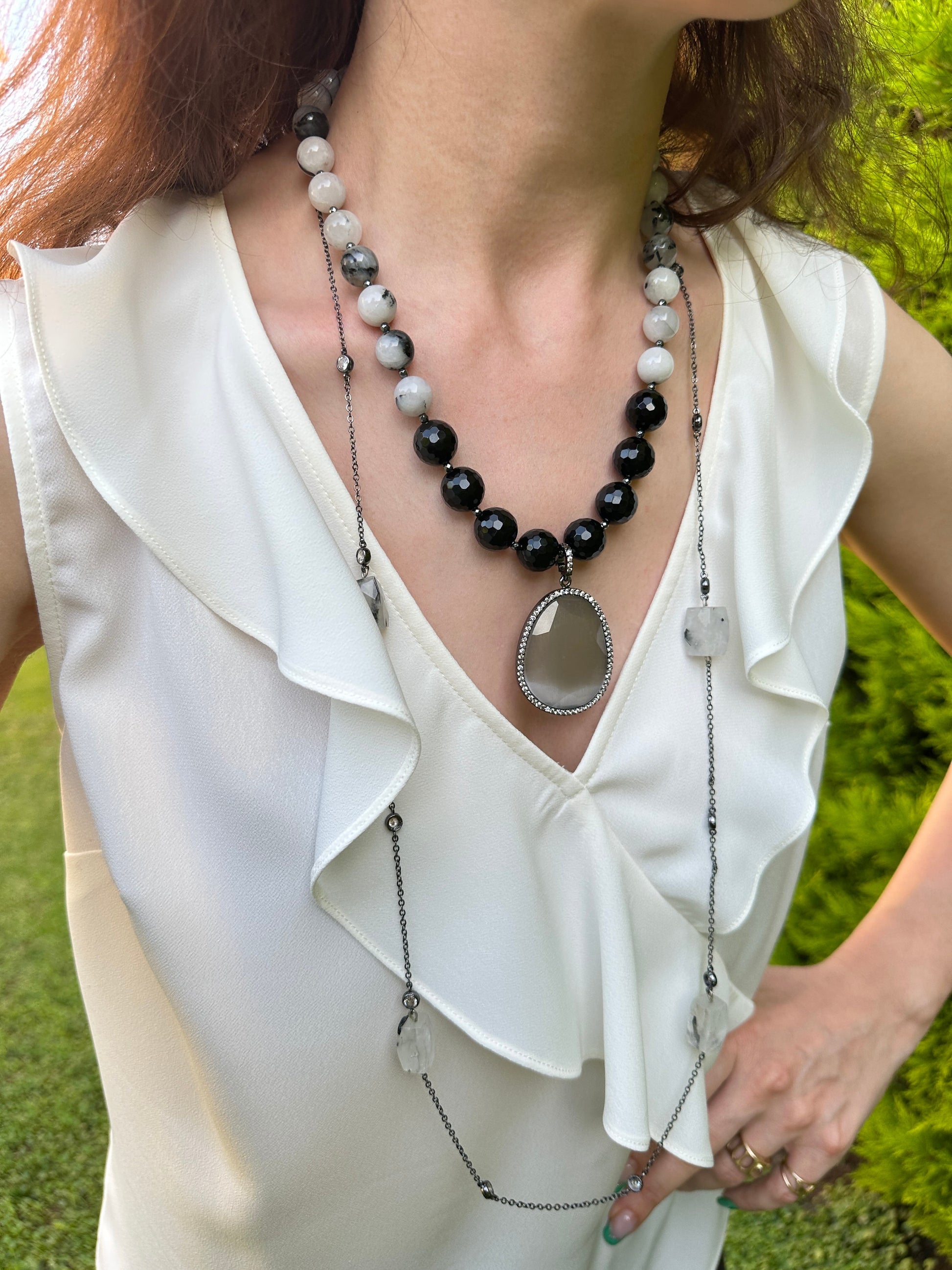 Onyx and Rutile Quartz Necklace, Big Bold Large Statement Necklace, Black Gray Gemstone Jewelry, Wife Birthday Gift, Chain Necklace