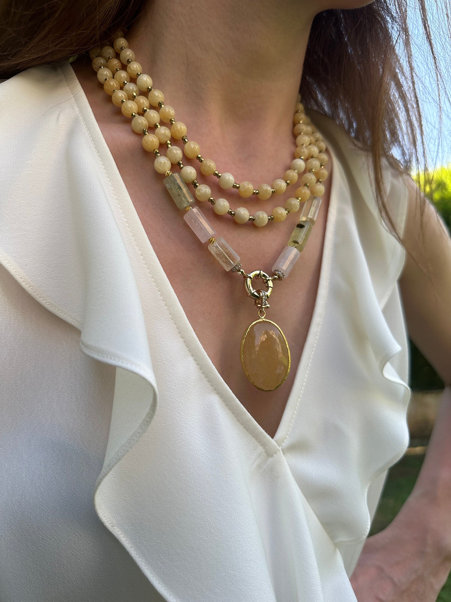 Calcite Necklace, Yellow Summer Jewelry, Multistrand Statement Necklace, Mix Stone Long Chain Necklace, Handmade Gemstone Necklace for Women