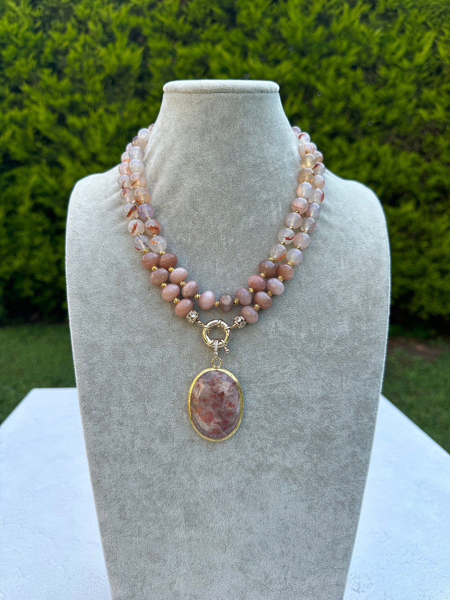 Agate Necklace, Handmade Sun Stone Jewelry, Unique Birthday Gift for Wife, Big Bold Statement Necklace, Summer Jewelry, Pink Gemstone Jewel