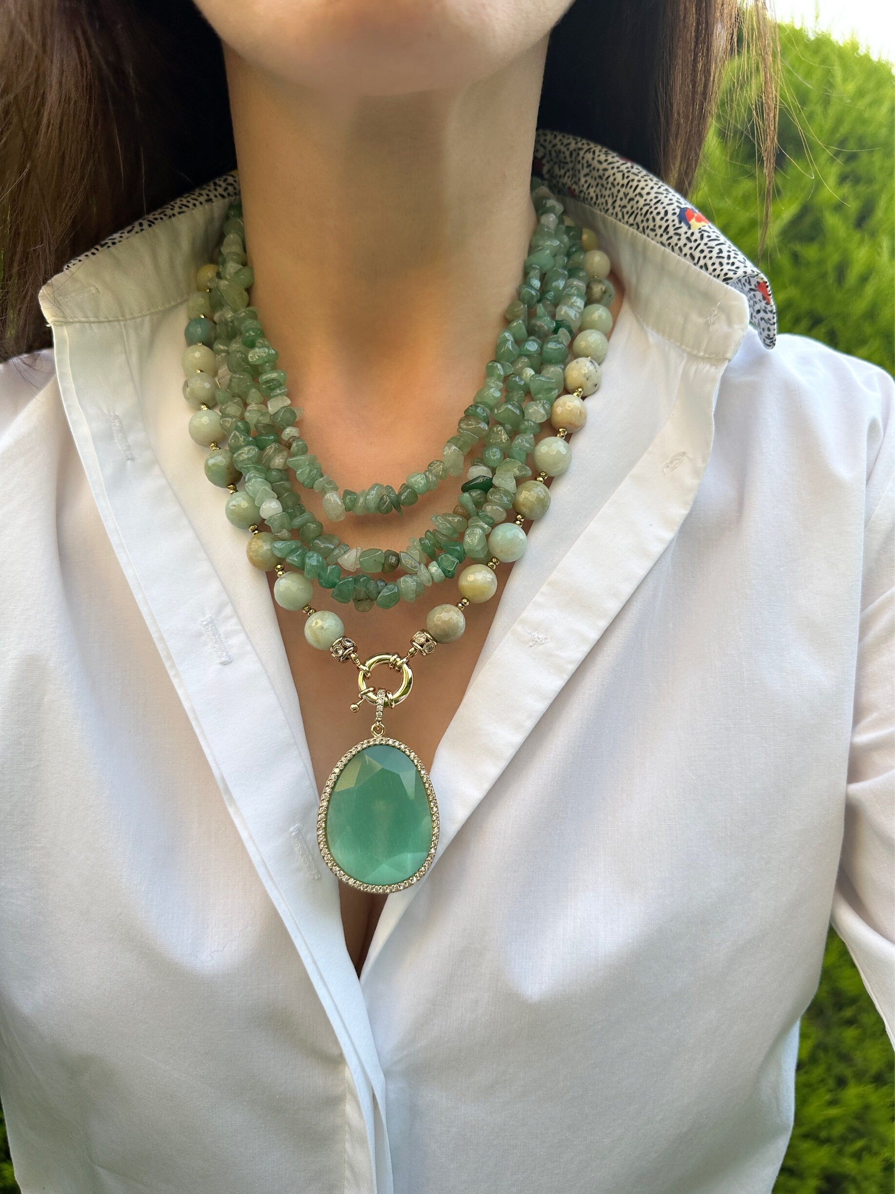 Amazonite Necklace, Green Gemstone Jewelry, Multistrand Birthday Gift, Statement Jewelry for Women, Chunky Aventurine Necklace