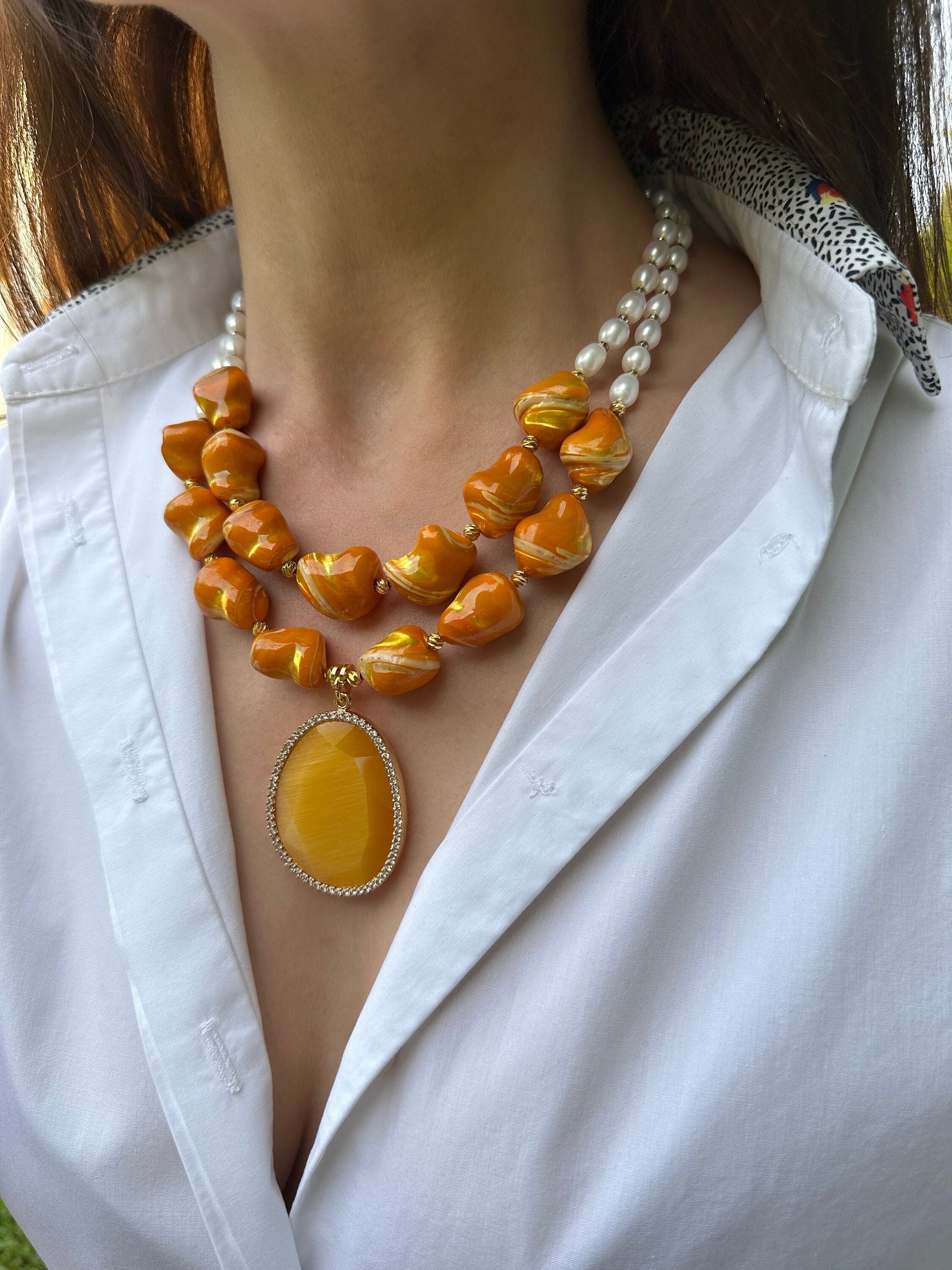 Pearl Necklace, Hot Yellow Shell Necklace, Beaded Handmade Jewelry, Statement Necklace for Birthday Gift, Summer Jewelry