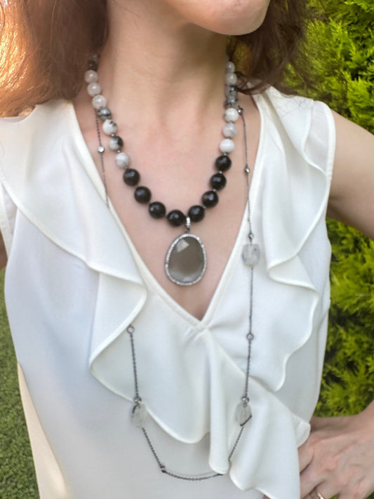 Onyx and Rutile Quartz Necklace, Big Bold Large Statement Necklace, Black Gray Gemstone Jewelry, Wife Birthday Gift, Chain Necklace