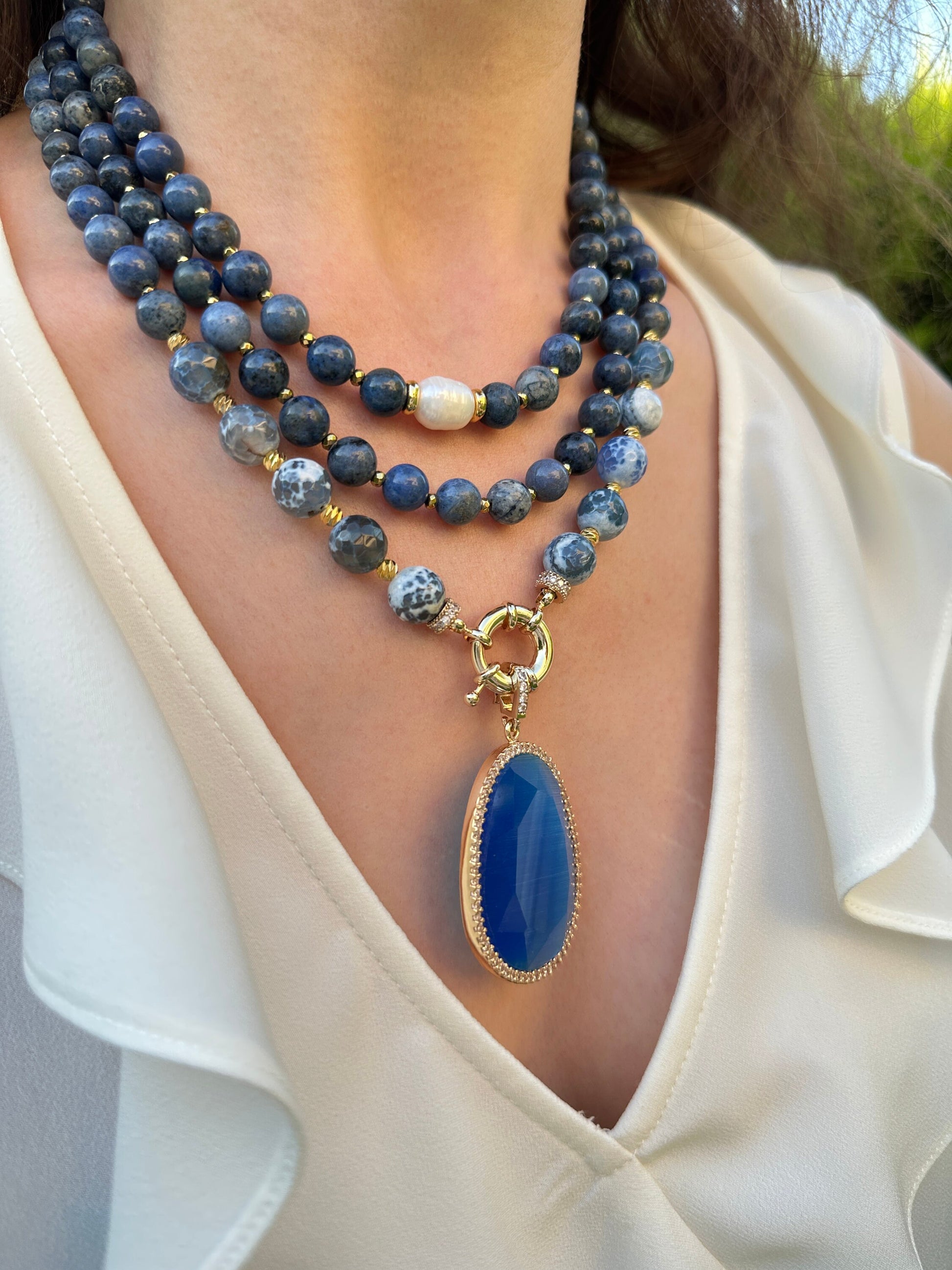 Sodalite and Agate Necklace, Multi Strand Gemstone Jewelry, Anniversary Gift, Summer Jewelry, Deep Blue Birthday Gift