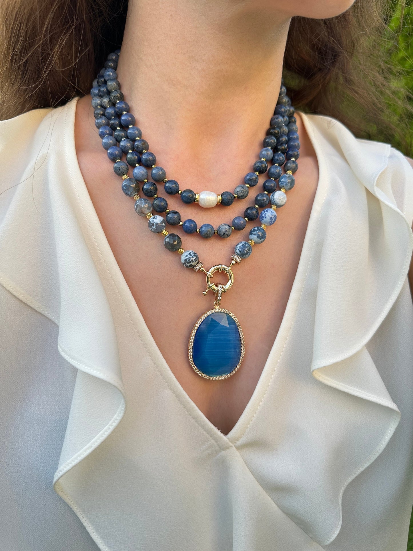Sodalite and Agate Necklace, Multi Strand Gemstone Jewelry, Anniversary Gift, Summer Jewelry, Deep Blue Birthday Gift