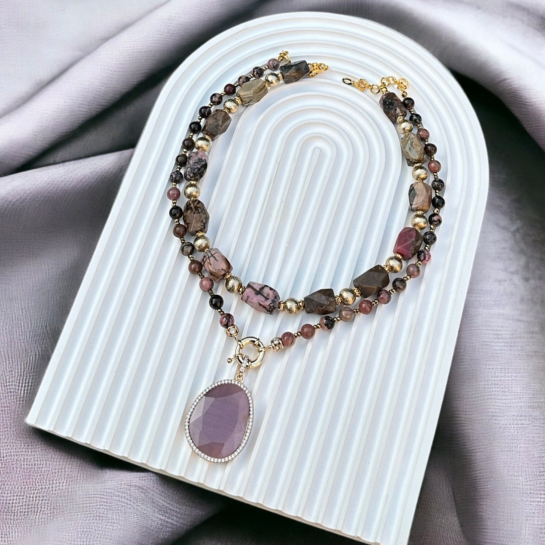 Rhodonite Stone Summer Necklace, Unique Design, Handmade Statement Necklace, Special Day Gift, Pink Brown Gemstone Jewelry