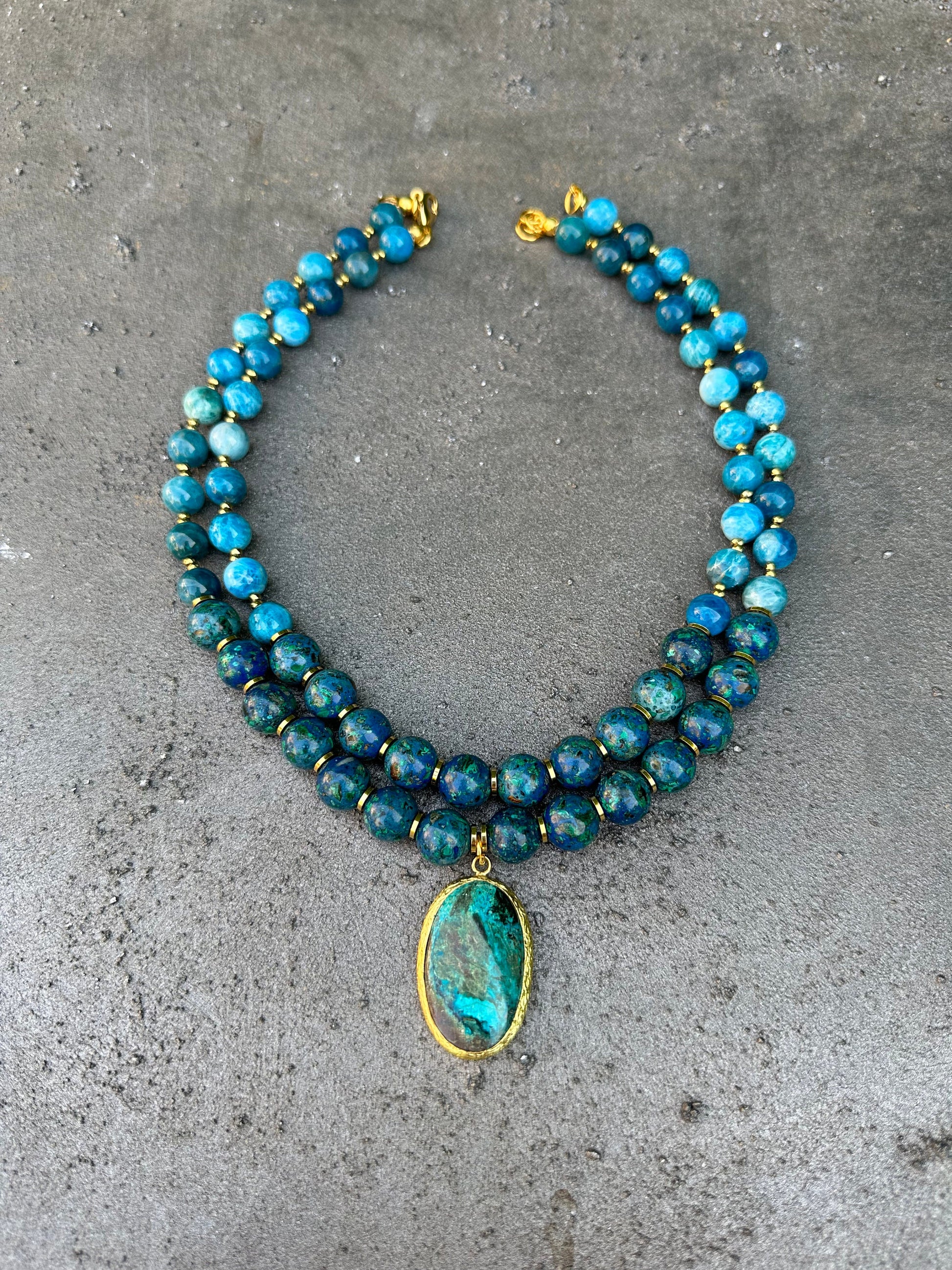 Azurite and Apatite Necklace, Handmade Gemstone Jewelry, Blue Green Statement Necklace, Birthday Gift, Summer Jewelry