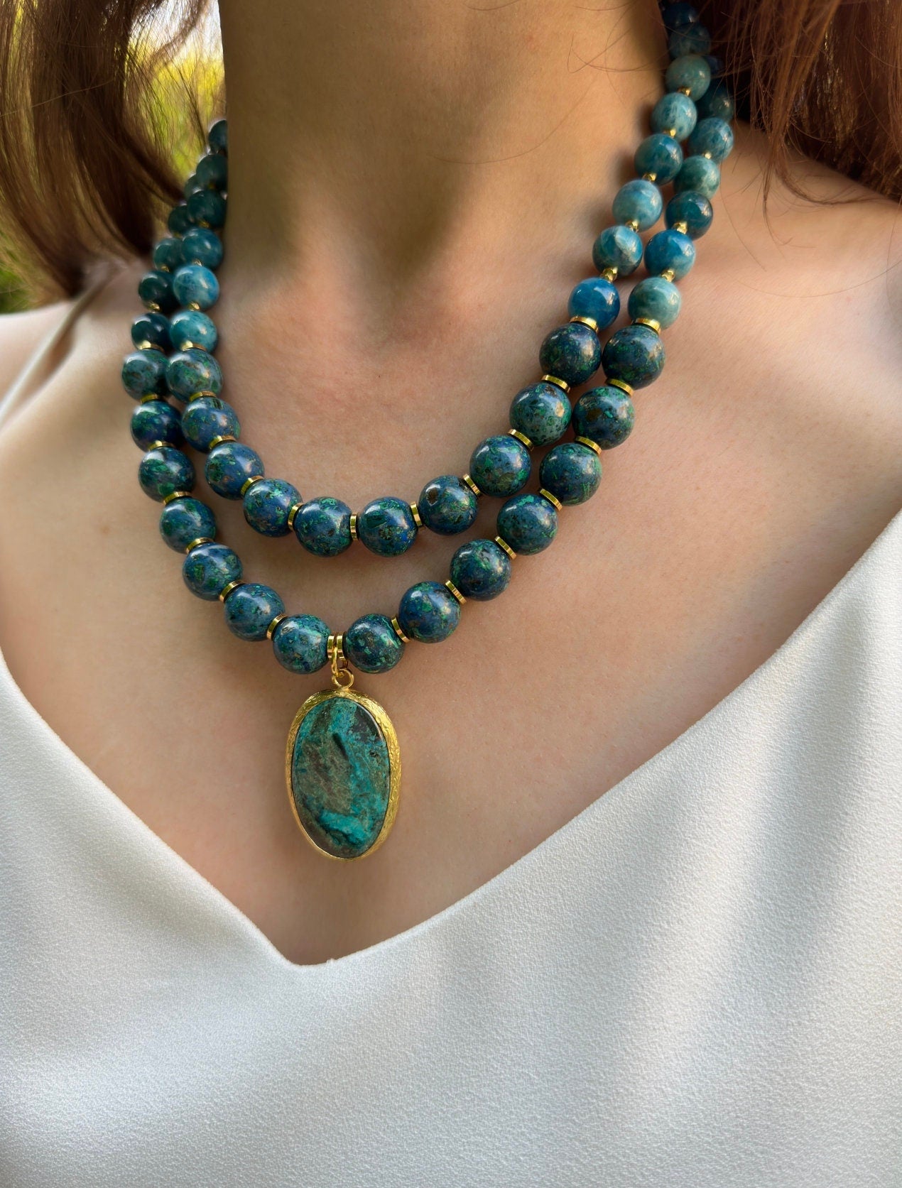 Azurite and Apatite Necklace, Handmade Gemstone Jewelry, Blue Green Statement Necklace, Birthday Gift, Summer Jewelry